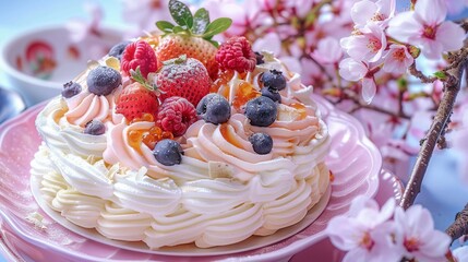 Sticker -   A close-up shot of a cake on a plate set on a table, surrounded by pink flowers and a blue sky