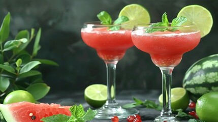 Sticker -   Two glasses of watermelon mojito with limes and mint