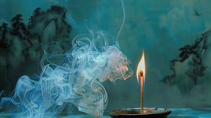 Poster -   A candle burning with smoke on a floating bowl