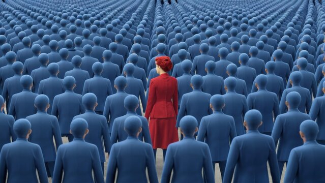A woman in red standing out among a sea of blue people, AI