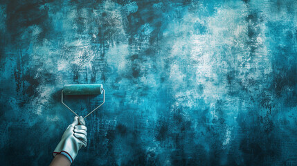 Wall Mural - paint roller brush against blue wall