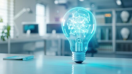 Poster - Business innovation shown by a holographic light bulb floating above a modern desk. Sci-Fi, Digital, Cool Tones, Sharp Focus