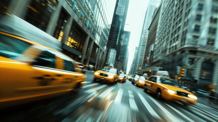 Wall Mural - Dutch angle view of a yellow taxi cab speeds down a city street, with other cars and buildings blurred in the background