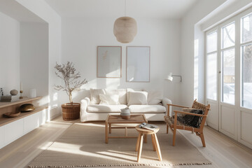 Poster - A light and airy living room with a white sofa, wooden coffee table, and a cozy armchair. The room is decorated with a small plant and abstract framed pictures