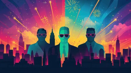 Poster - Business leaders celebrating success on a rooftop with city skyline, colorful fireworks in the background. Pop Art, Bright Colors, Digital Painting, High Contrast