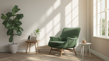 Wall Mural - Green Armchair with Wooden Side Table and Indoor Plant, and Large Window