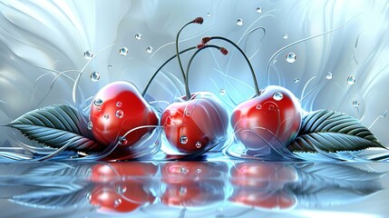 Sticker -   A trio of cherries painted on a shiny surface with leaves and droplets, accompanied by a splashing water effect