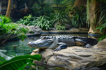 Canvas Print - A large alligator rests on a rock in a lush green jungle setting with water nearby