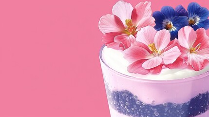 Poster -   A milkshake with flowers on a pink background in a close-up shot