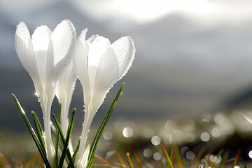 Wall Mural - spring crocus flowers a bunch of white flowers with the background of mountains in the background.