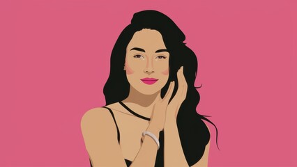 Poster - A woman with long black hair and a pink background, AI