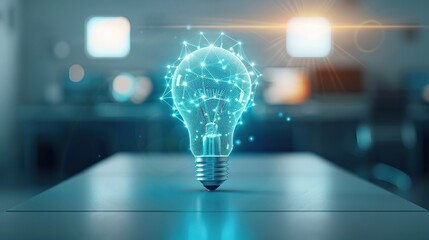 Poster - Business triumph shown by a holographic light bulb floating above a modern desk. Sci-Fi, Digital, Cool Tones, Sharp Focus