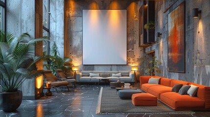Poster - Blank white signboard in a hotel lobby, surrounded by contemporary decor and stylish furnishings