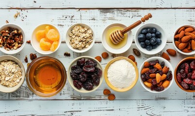 Wall Mural - Baking ingredients on a wooden countertop, top view