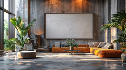 Poster - Blank white signboard in a hotel lobby, surrounded by contemporary decor and stylish furnishings