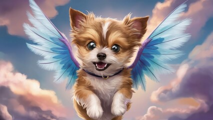 Canvas Print - A small dog with wings and a blue collar flying through the clouds, AI