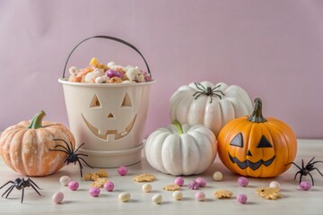 Wall Mural - Flat lay objects to party Jack O lantern pumpkins bucket and spider with candy sweet on pink paper.