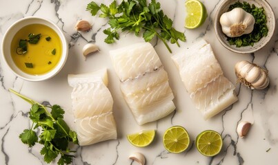 Wall Mural - Top view on fish ingredients on a granite countertop