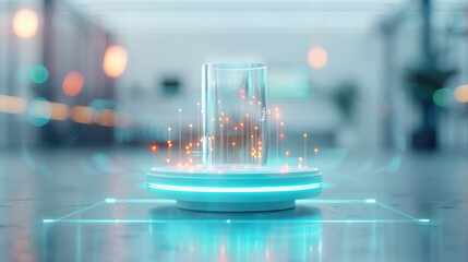 Poster - Corporate achievement represented by a floating, glowing digital trophy in a high-tech office. Futuristic, 3D Render, Blue and White, Detailed