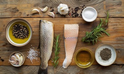 Wall Mural - Fish ingredients on a white countertop, top view