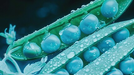 Poster -   A detailed shot of a plant with water droplets on its foliage and a green pea pod in the foreground