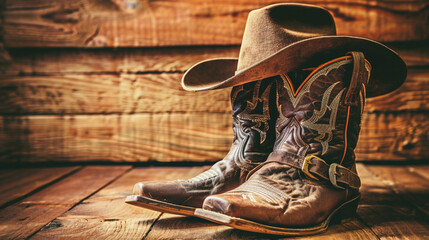 Wild West retro cowboy hat and pair of old leather boots kept on wooden floor. Vintage style filtered photo