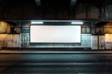 An urban setting featuring a large blank billboard on a graffiti-covered wall under a bridge. The scene is perfect for advertising mockups or creative urban-themed presentations.