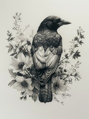 Wall Mural - Crow perched among delicate blossoms with intricate details