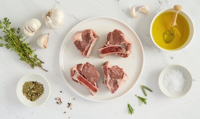 Wall Mural - Meat ingredients on a white countertop, lamb rack