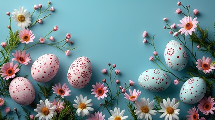 Poster - painted easter eggs,spring flowers on a blue background top view flat lay.stock photo