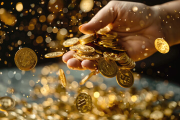 Wall Mural - a person is holding a pile of gold coins