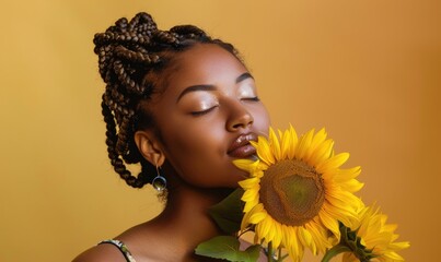 Portrait of a young woman with a sunflower bouquet