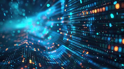 Poster - big data visualization with cyan streams of information and binary code