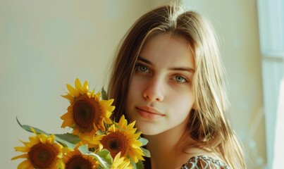 Wall Mural - Portrait of a young woman with a sunflower bouquet