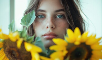 Wall Mural - Portrait of a young woman with a sunflower bouquet