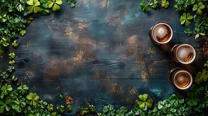 Poster - top view wooden table,leprechauns hat beer glasses clover leaves gold coins st patrick day concept.photo