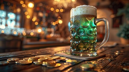 Poster - patrick s day green beer mug,gold coins on wooden bar counter.stock image