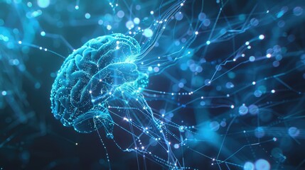 Poster - Futuristic AI brain with neural network connections, glowing and pulsating in blue tones