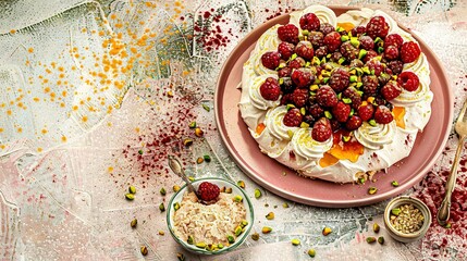 Sticker -   A pink plate holds a cake adorned with strawberries and pistachios, alongside a separate bowl of pistachios