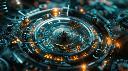 Poster - Futuristic mechanical clock with intricate gears and glowing accents, representing advanced technology and precision engineering.