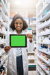 © peopleimages.com - Pharmacy, tablet and person with green screen, healthcare and telehealth for medicine and prescription. Shop, pharmacist and black woman with website for ecommerce of pills, online and portrait