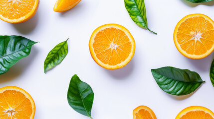 Wall Mural - Fresh orange slices with leaves on a white background