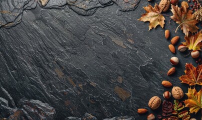 Canvas Print - Top view of a dark granite countertop with autumn herbarium