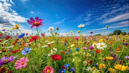 Canvas Print - Vibrant field of wildflowers under a clear blue sky, wildflowers, field, nature, colorful, vibrant, clear sky, meadow, sunny