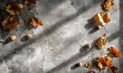 Wall Mural - Top view of a grey marble countertop, frame of autumn leaves and nuts