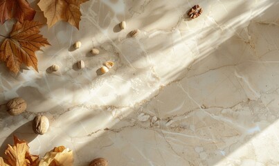 Wall Mural - Top view of a light beige laminate countertop, frame of autumn leaves and nuts