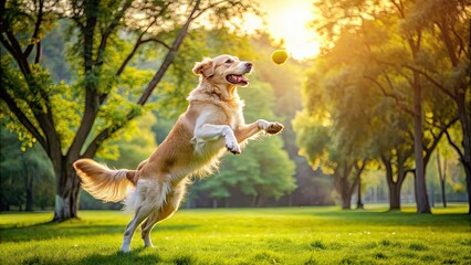 Sticker - Happy retriever jumping to catch a ball in a sunny park , retriever, dog, action, excitement, fun, play, park, sunny, outdoors