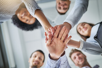 Poster - Happy, circle and hands of business people in office for teamwork, collaboration and solidarity for about us. Corporate, diversity and low angle of workers for support, community and company pride