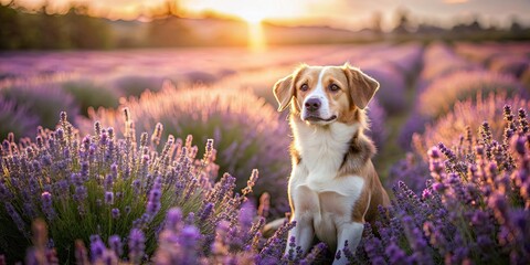 Sticker - Dog sitting in a blooming lavender field on a sunlit afternoon, dog, lavender, field, summer, afternoon, pet, nature