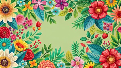 Wall Mural - Floral pattern featuring vibrant flowers and green leaves, flowers, floral, pattern, design, nature, colorful, blooming